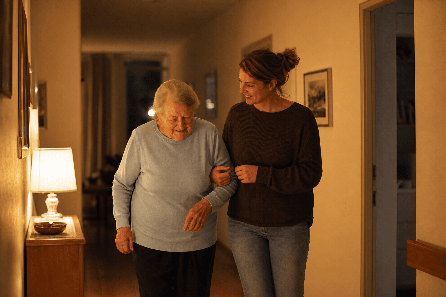 Betreuungskraft begleitet eine ältere Person nachts sicher durch die Wohnung.