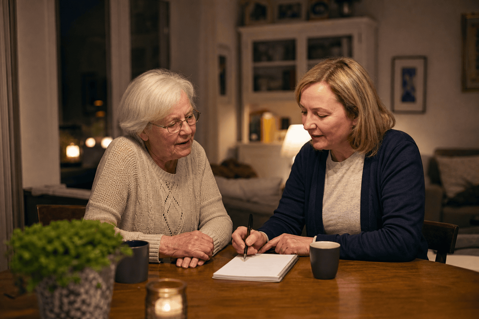 Angehörige besprechen mit einer älteren Person die Organisation der Nacht.