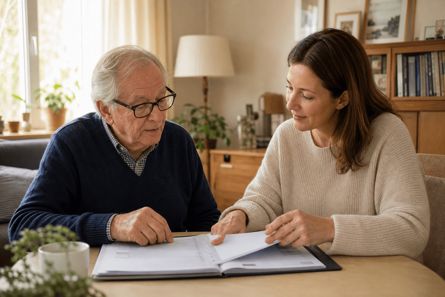 Vater und Tochter besprechen die Organisation einer Betreuung zu Hause