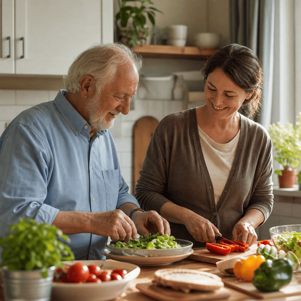 Betreuungskraft und älterer Mann bereiten gemeinsam eine Mahlzeit zu.