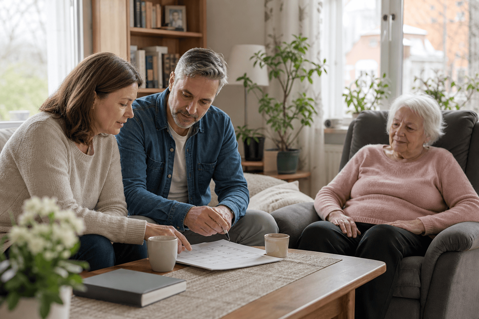 Angehörige planen die Versorgung einer pflegebedürftigen Person während der Reha