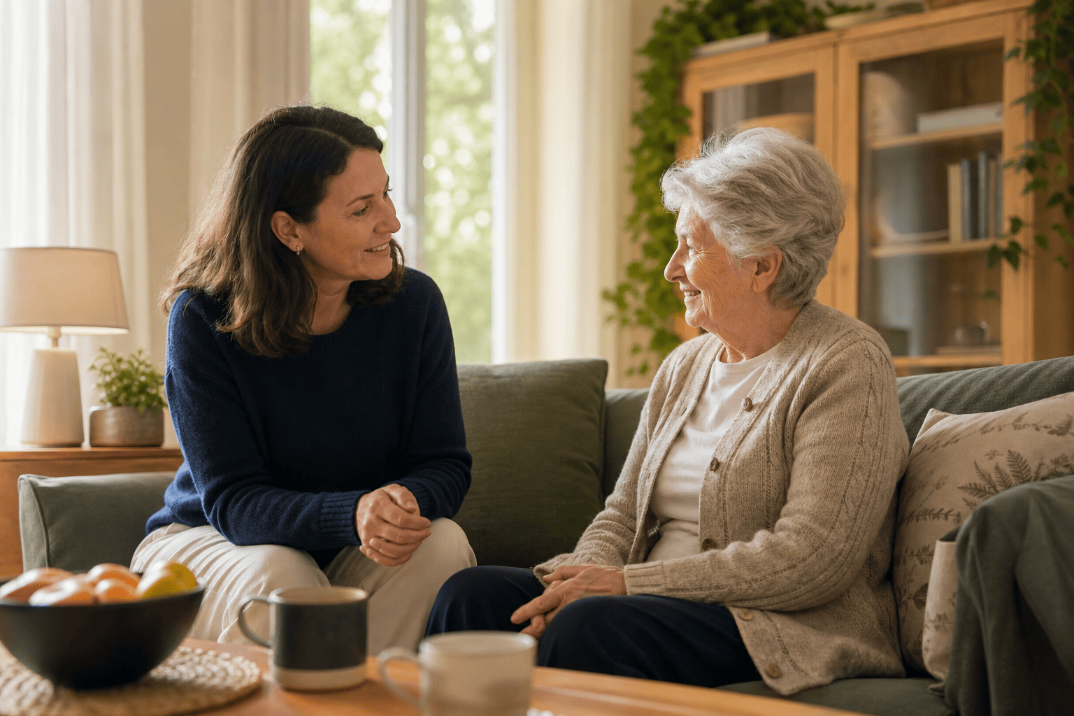 Ältere Person und Angehörige sprechen entspannt über Unterstützung zu Hause.
