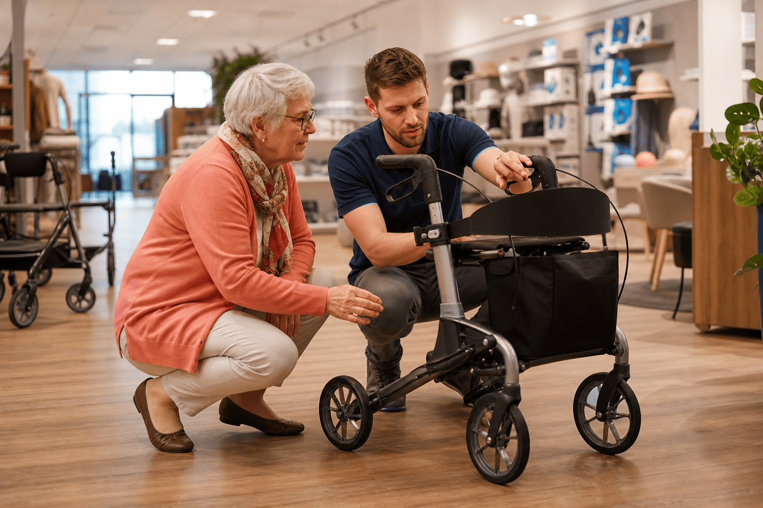 Ältere Person und Angehöriger besprechen die Auswahl eines Rollators im Sanitätshaus.