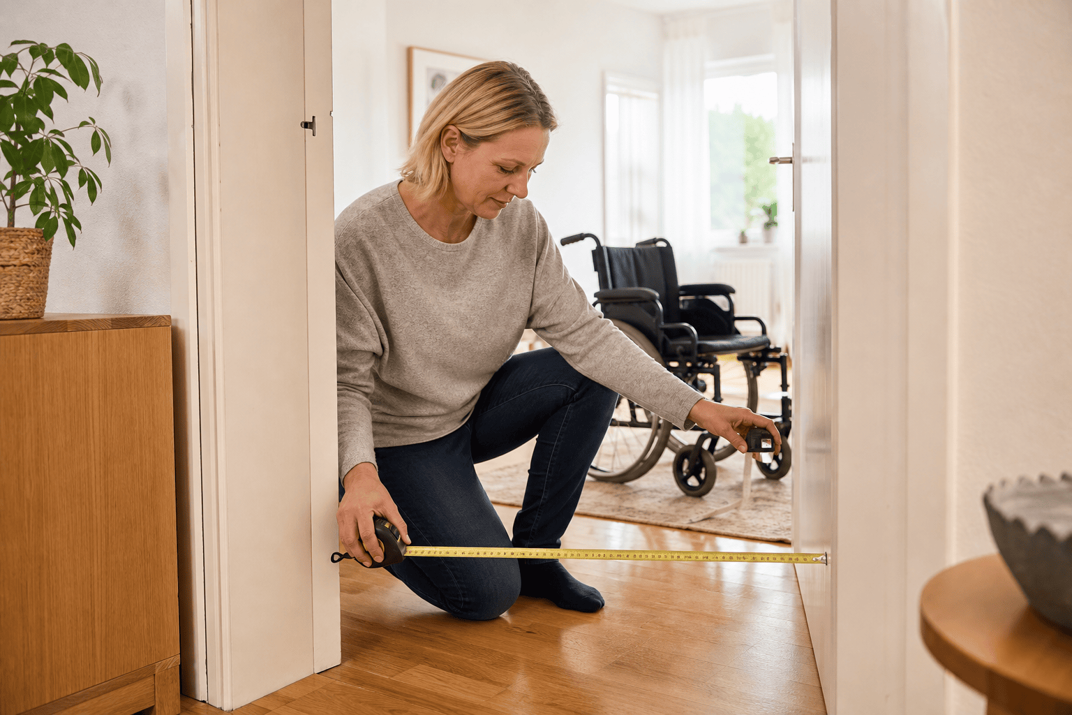 Angehörige misst die Türbreite für einen Rollstuhl in einer Wohnung