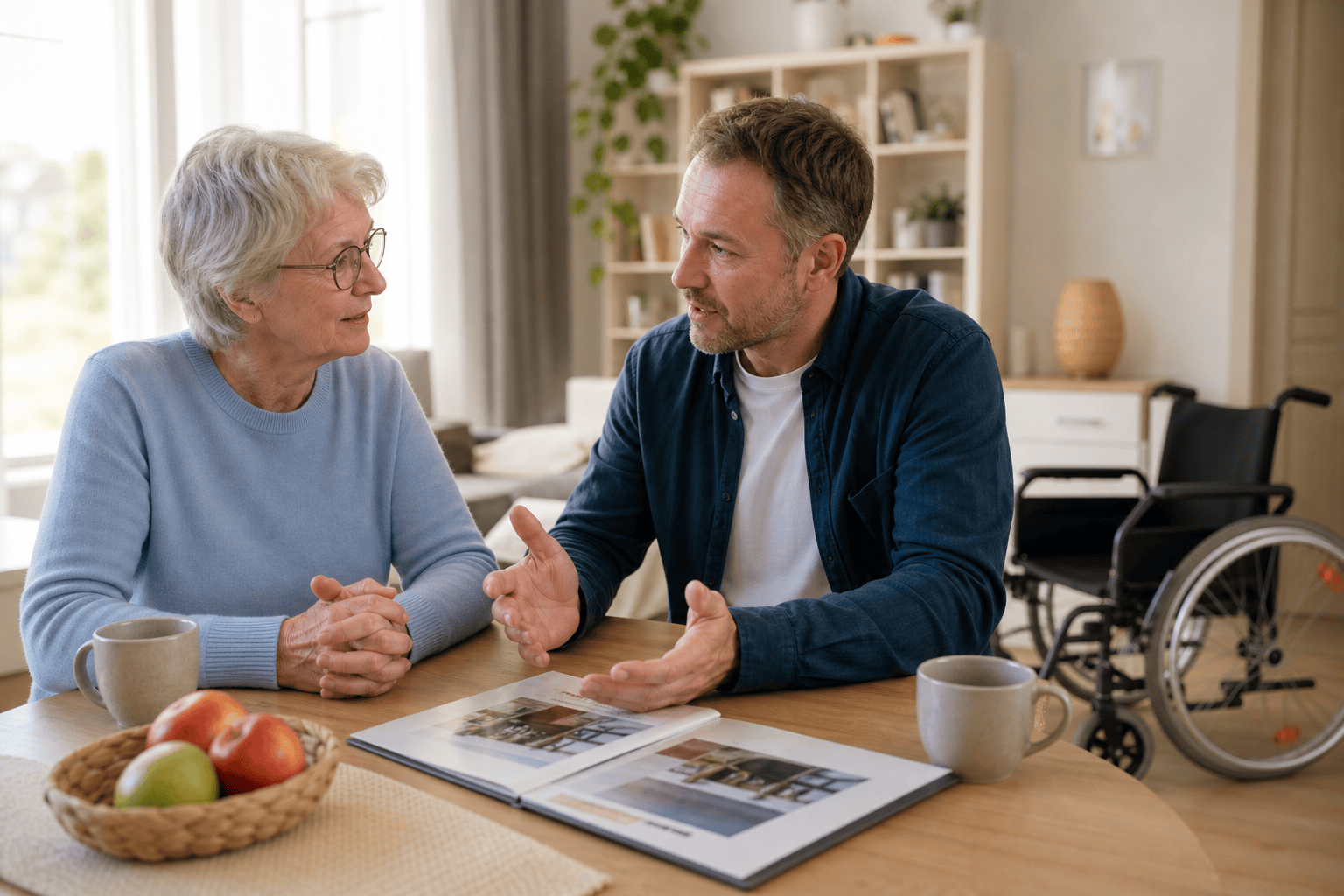 Ältere Person und Angehörige besprechen eine Rollstuhl-Lösung für zu Hause