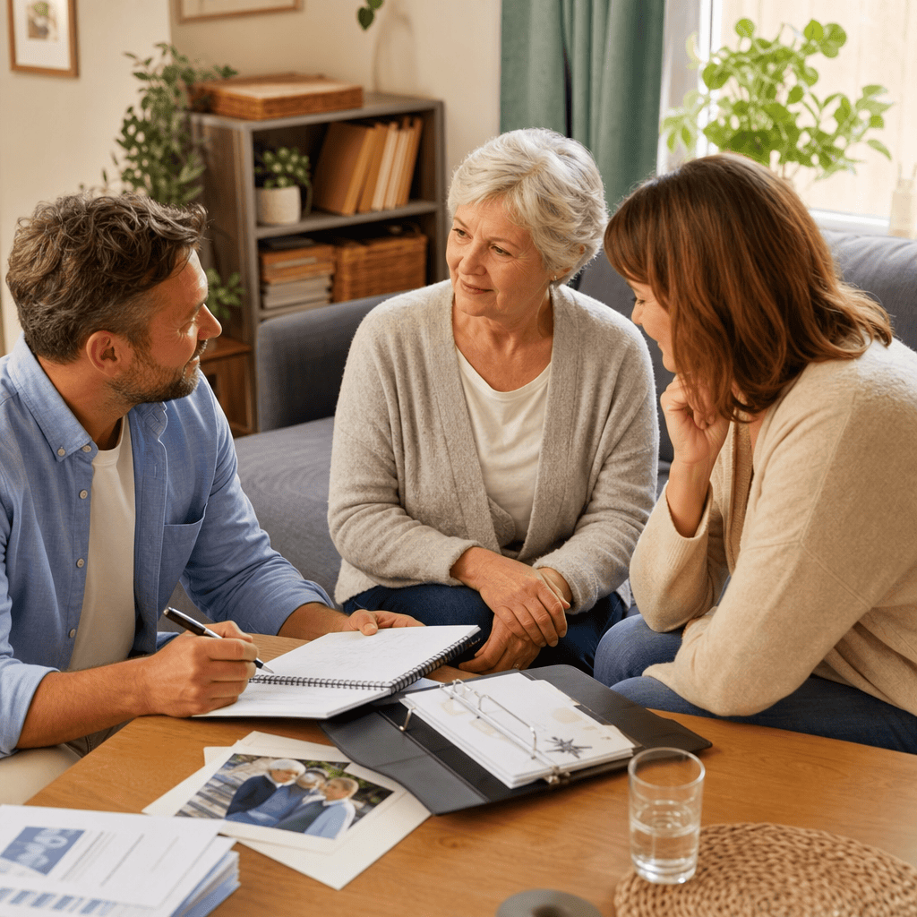 Angehörige vergleicht Unterlagen und Checkliste zur häuslichen Betreuung im Wohnzimmer