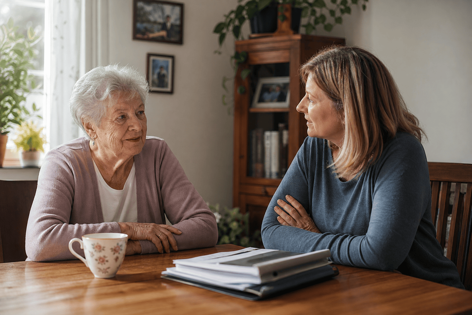 Ältere Person und Angehörige besprechen den Unterstützungsbedarf zu Hause.