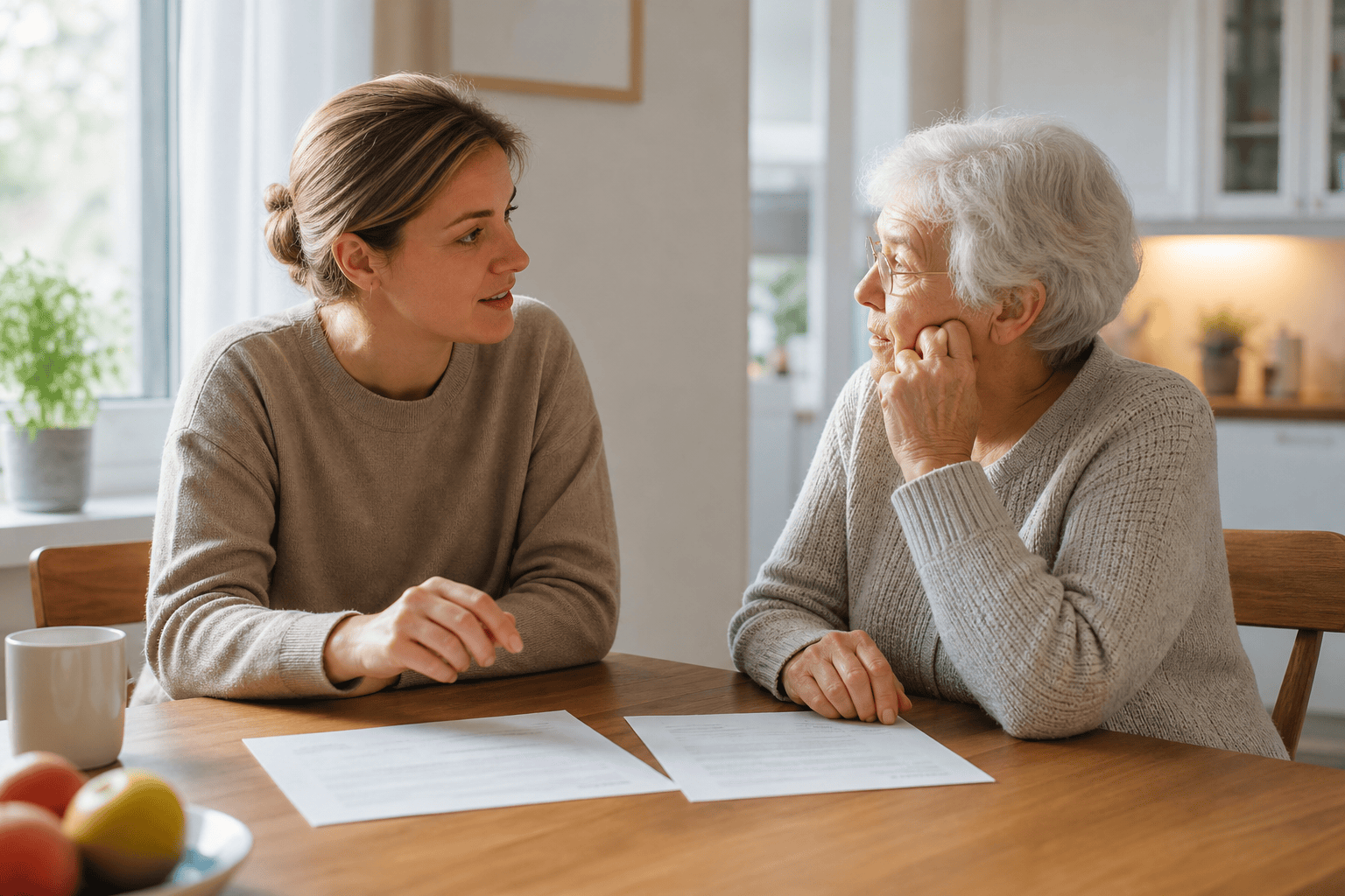 Angehörige erklärt einer älteren Person die getrennte Einordnung von GdB und Pflegegrad.