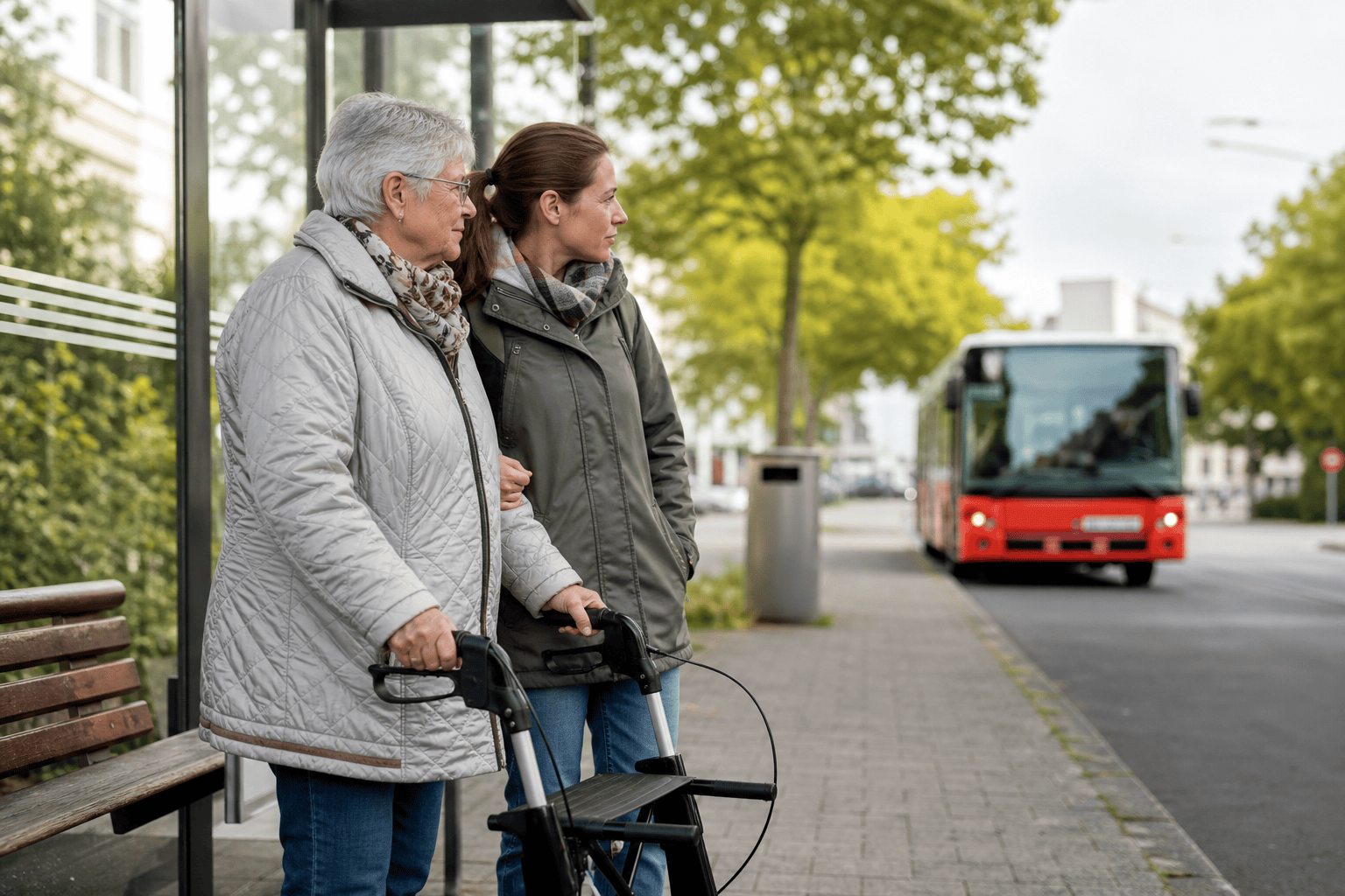 Ältere Person mit Angehöriger an einer Bushaltestelle als Symbol für Mobilität und Begleitung.