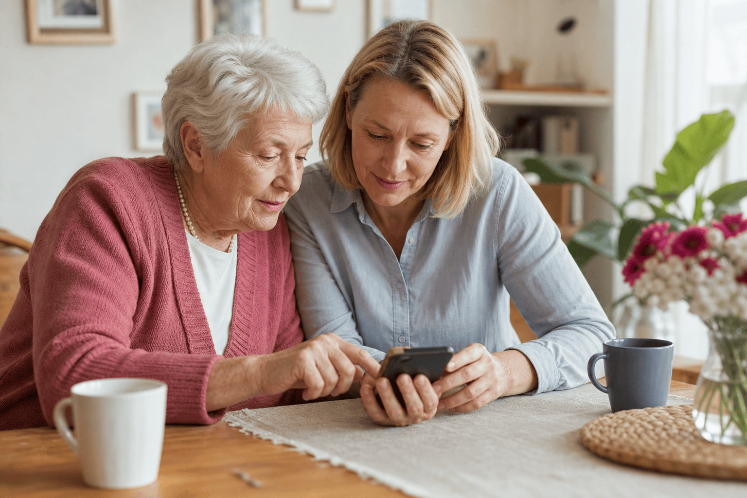Ältere Person und Angehörige testen gemeinsam ein übersichtliches Telefon.