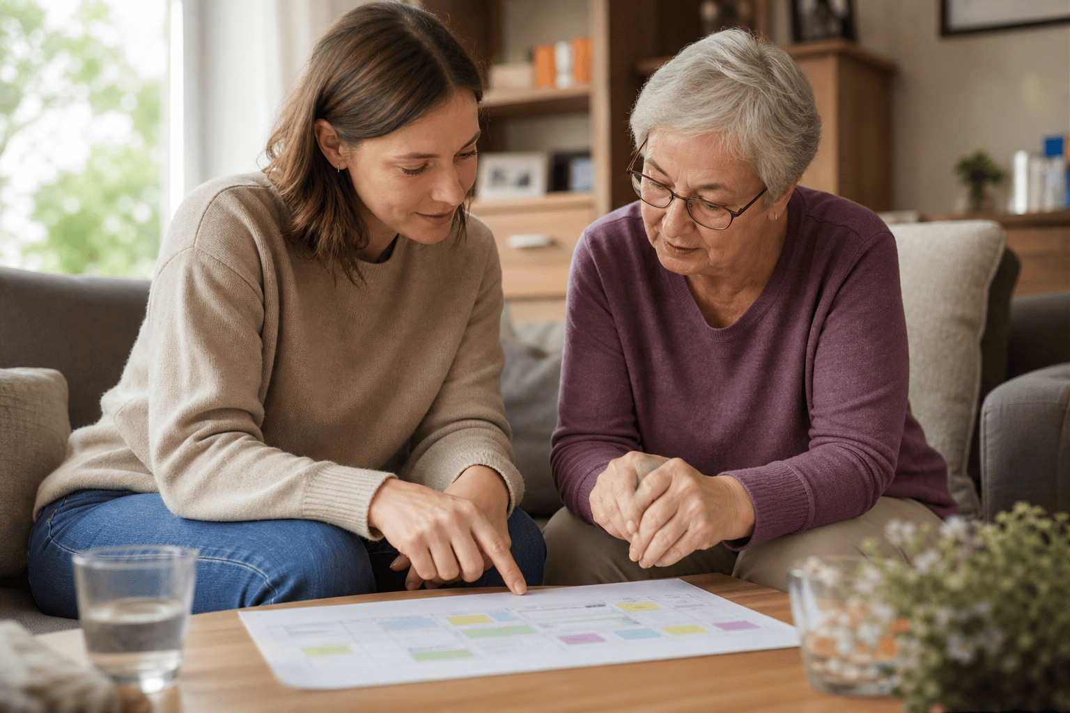 Angehöriger und ältere Person besprechen gemeinsam den Betreuungsbedarf zu Hause.
