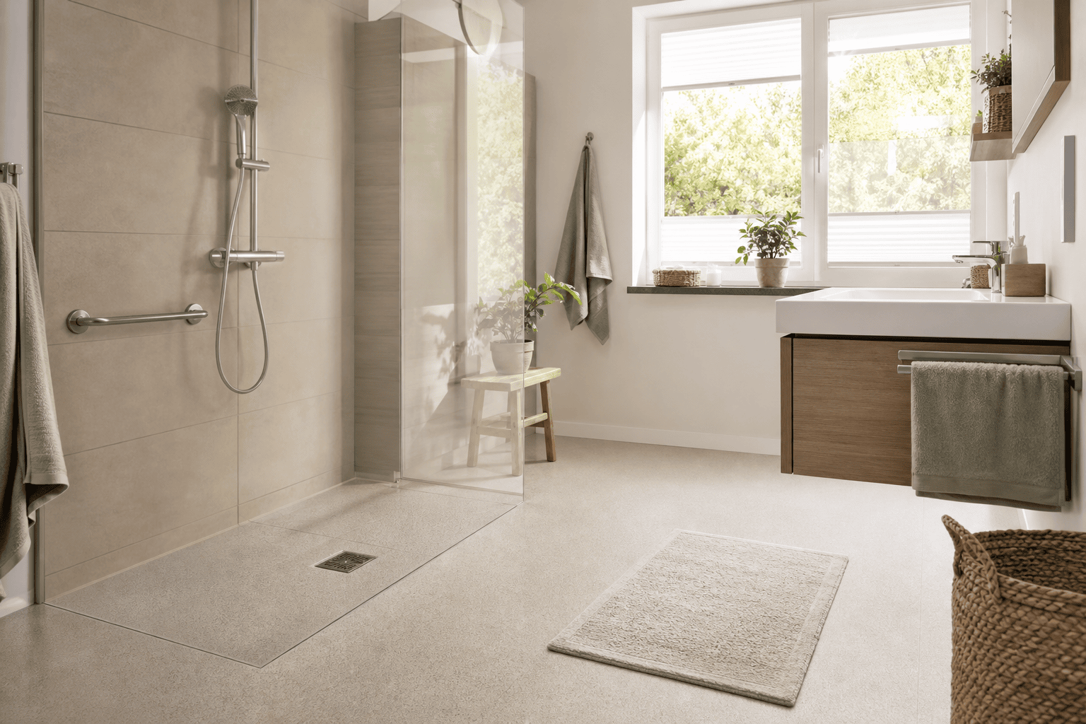 Helles Badezimmer mit bodengleicher Dusche, Haltegriff und ausreichender Bewegungsfläche.