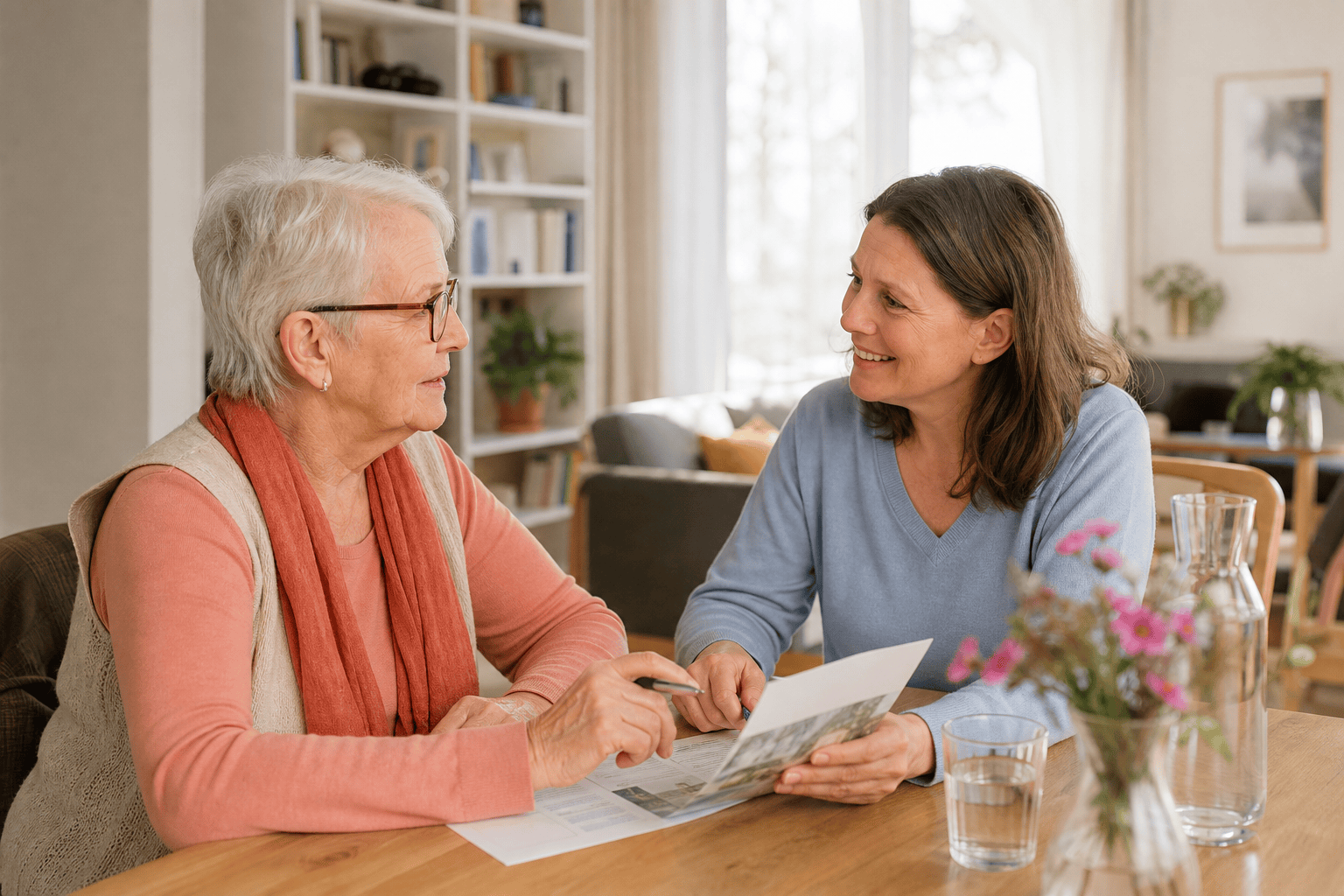 Ältere Person und Angehöriger besprechen Serviceangebote im Alltag.