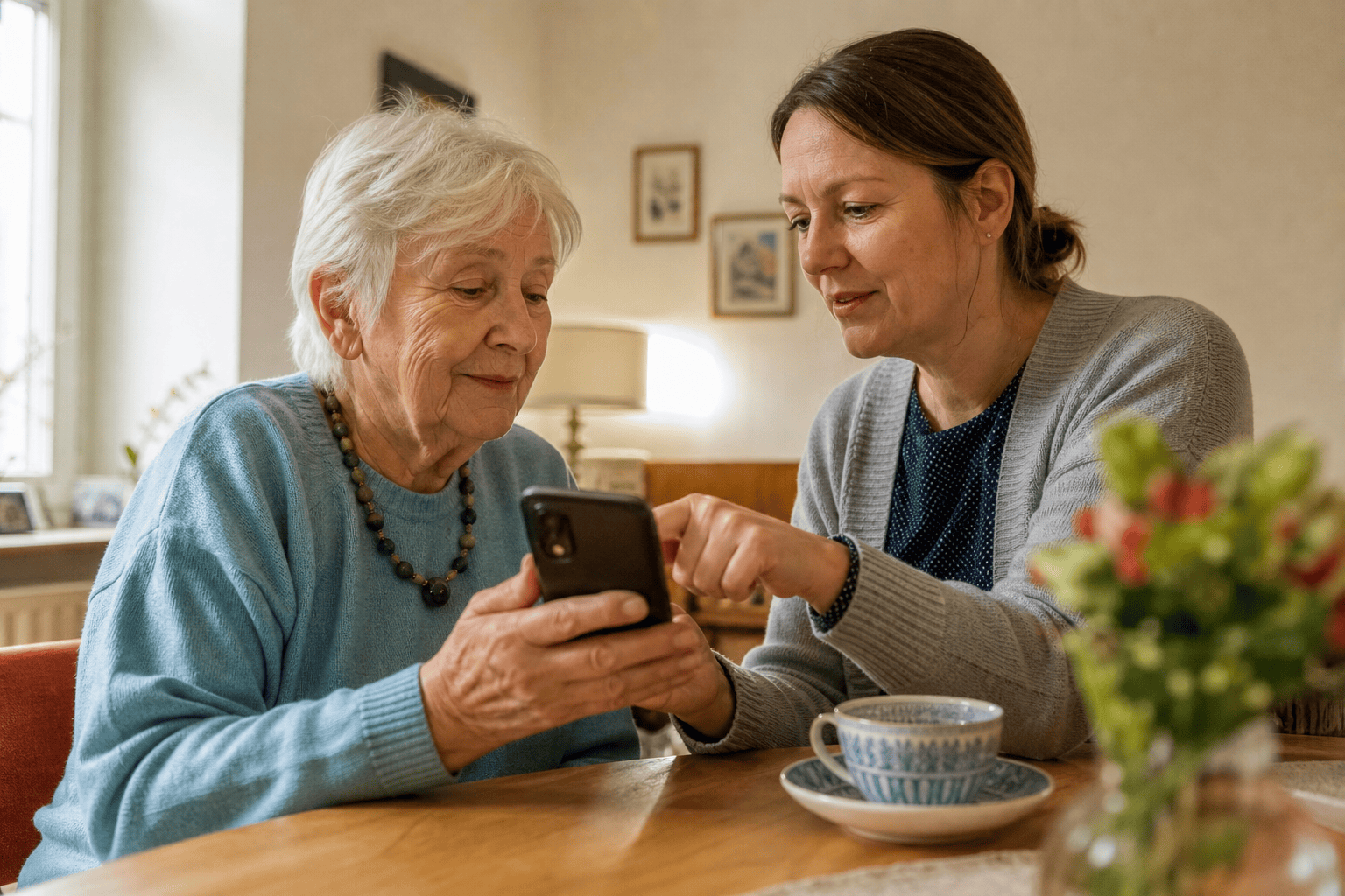 Ältere Person und Angehörige richten gemeinsam wichtige Telefonkontakte ein.