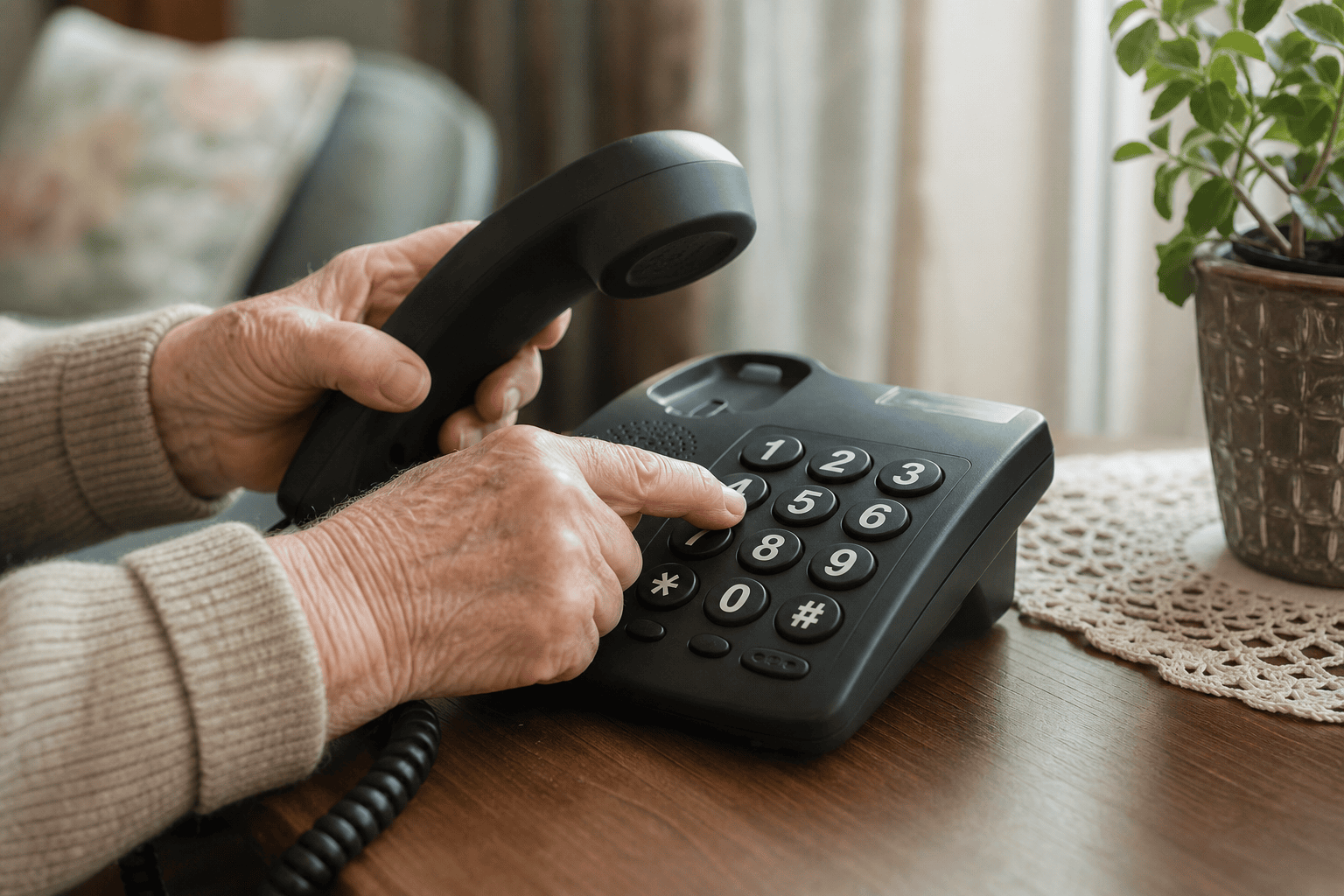 Ältere Hände bedienen ein Telefon mit großen kontrastreichen Tasten.