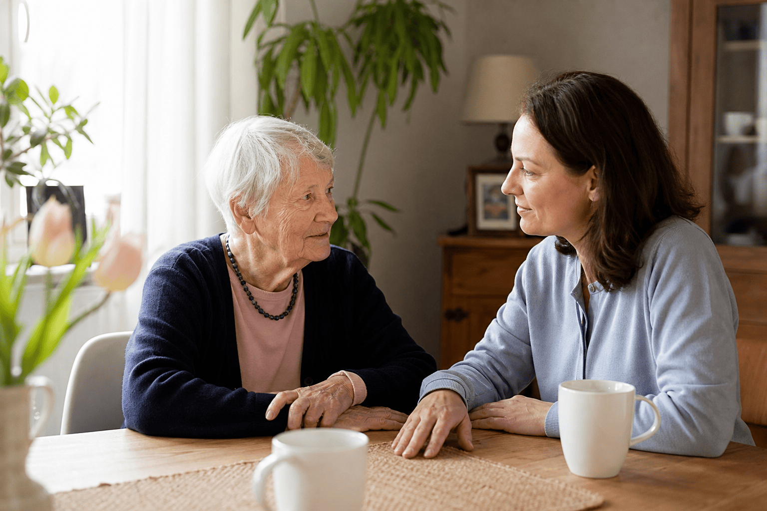 Ältere Person und Angehöriger sprechen über Unterstützung im Alltag.