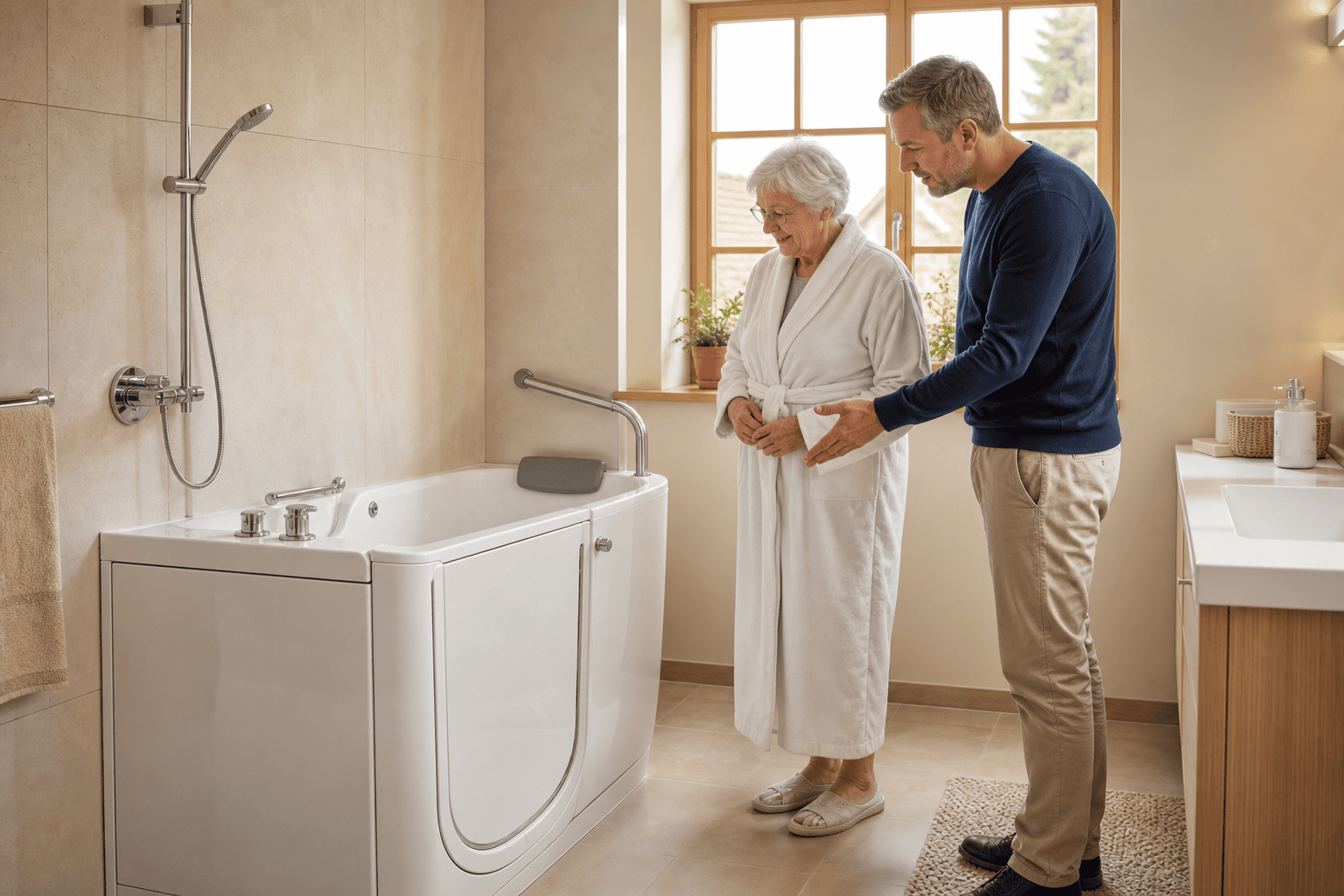 Ältere Person und Angehörige prüfen den sicheren Einstieg in eine Sitzbadewanne.
