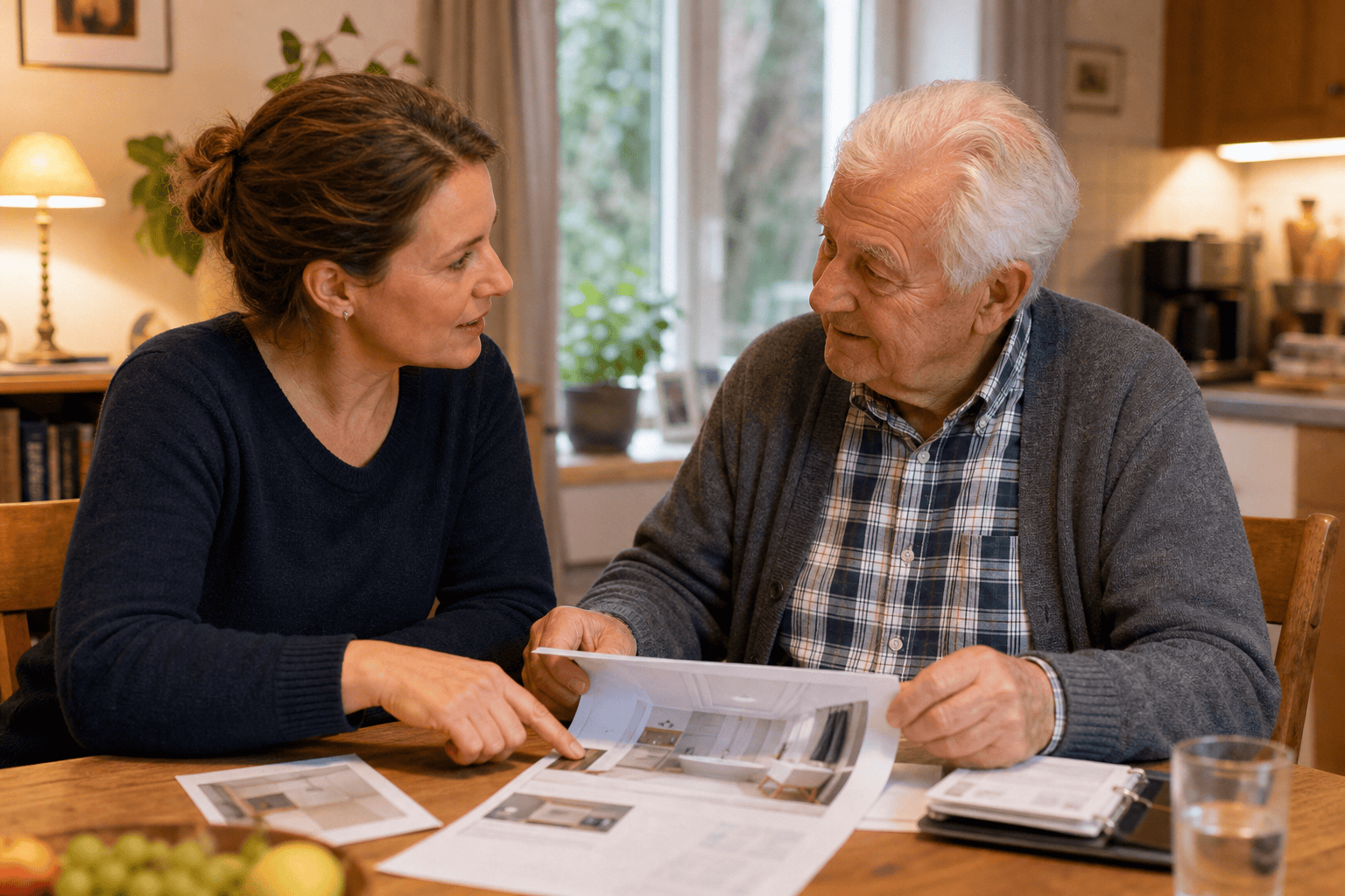 Angehörige und älterer Mann besprechen die Planung einer Sitzbadewanne.