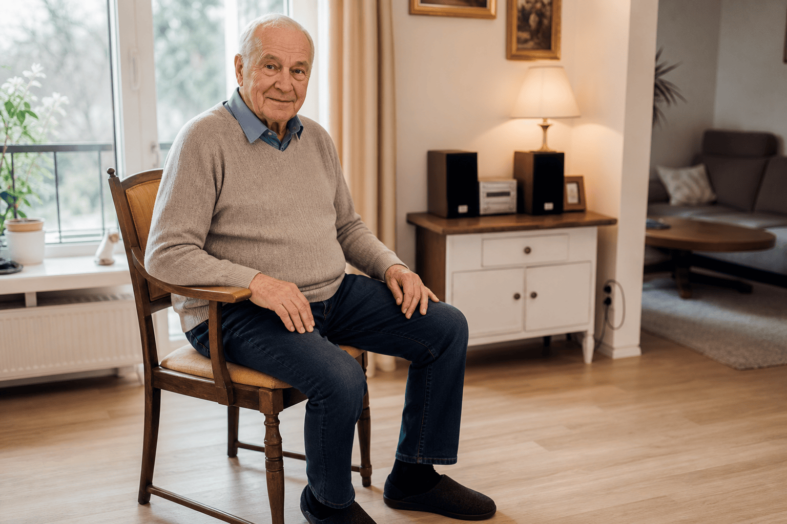 Älterer Mann bereitet Sitzgymnastik auf einem stabilen Stuhl vor.