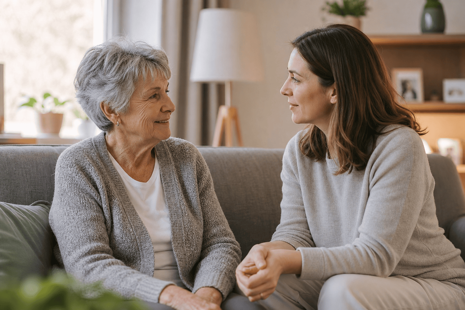 Ältere Person und Angehöriger besprechen gemeinsam eine passende Versorgungslösung