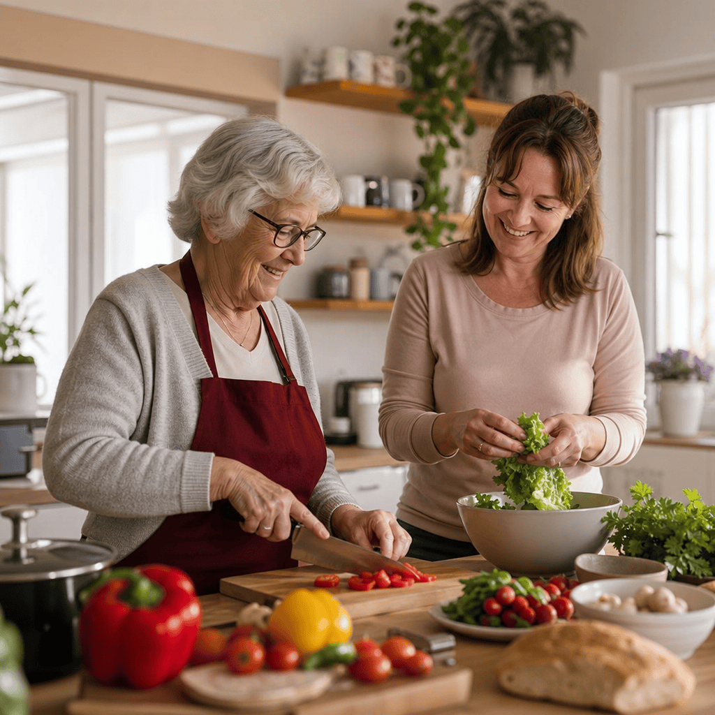 Senior und Betreuungskraft bereiten gemeinsam eine Mahlzeit zu