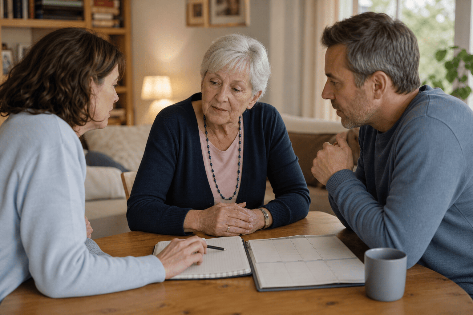 Familie bespricht Optionen für die Betreuung zu Hause.