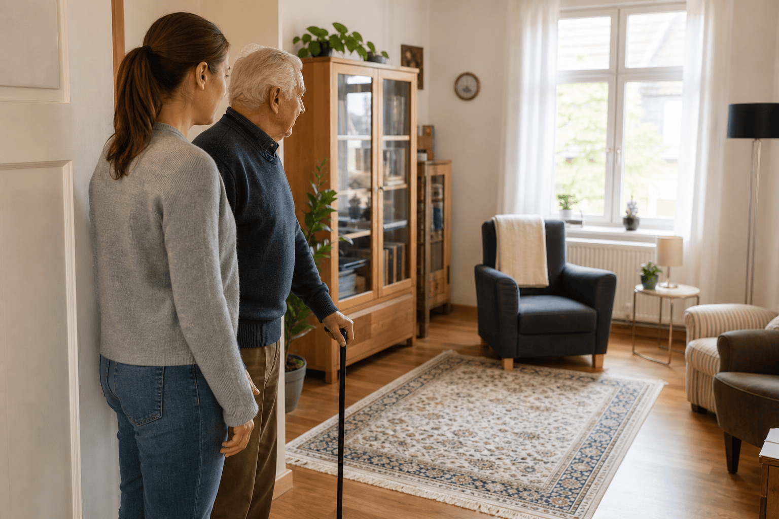 Angehörige und älterer Mann prüfen gemeinsam den sicheren Laufweg im Wohnzimmer