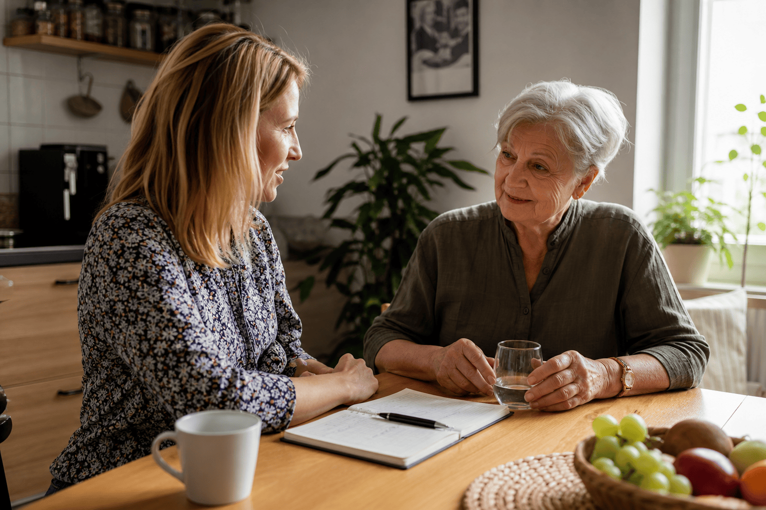 Seniorin und Angehörige besprechen einen übersichtlichen Tagesablauf