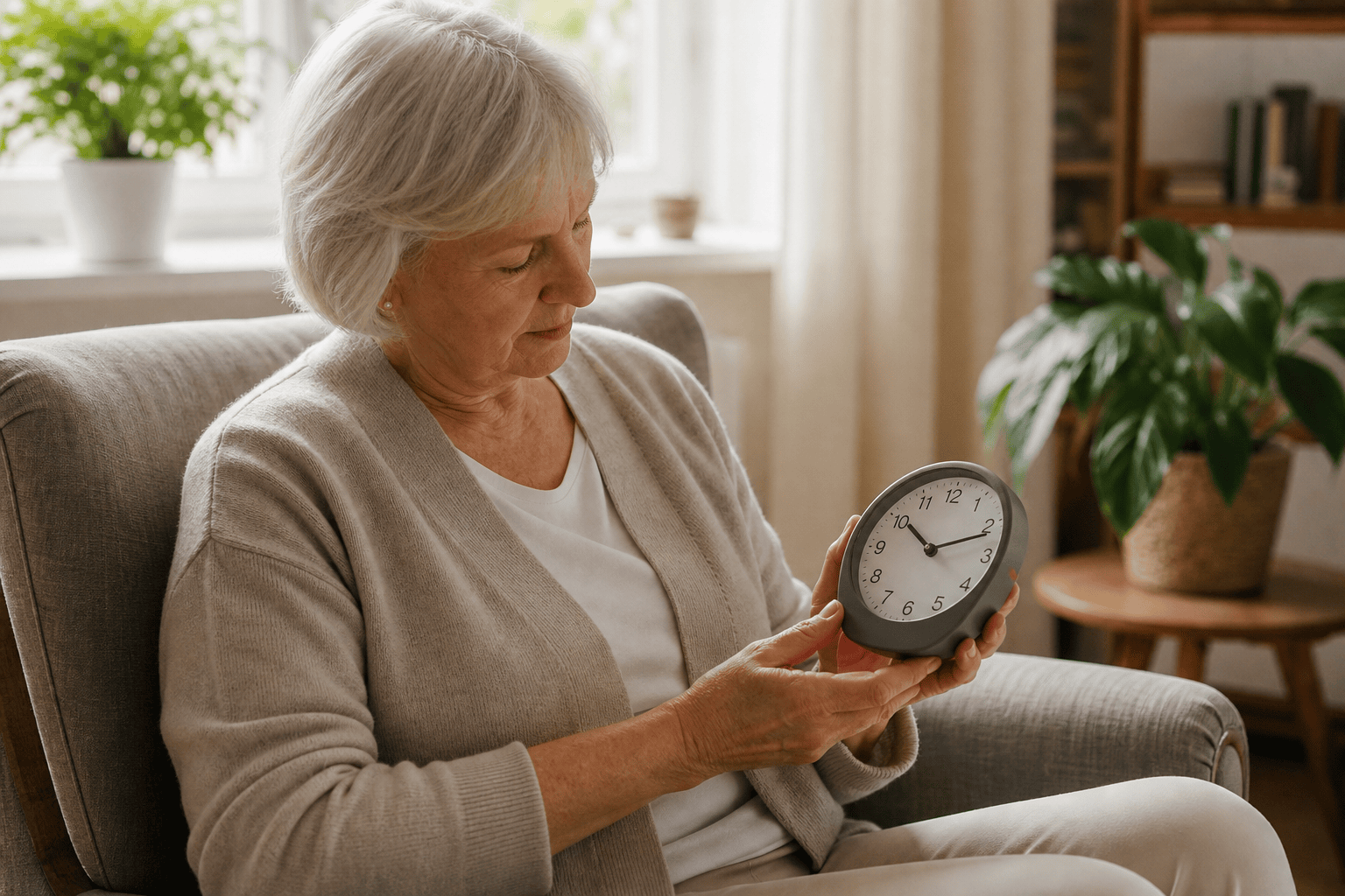 Seniorin nutzt eine Uhr mit gut lesbarer Anzeige als Erinnerungshilfe