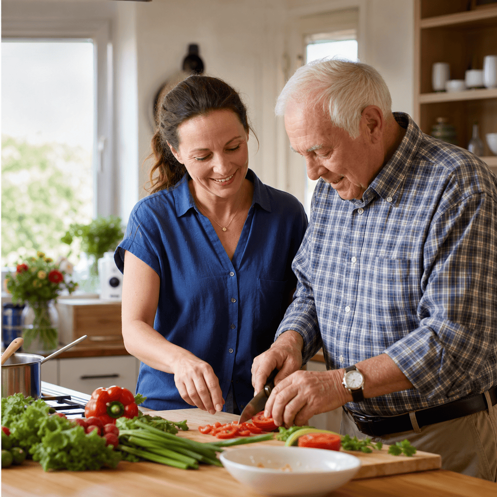 Alltagsbegleitung unterstützt einen Senior bei einer Mahlzeit zu Hause