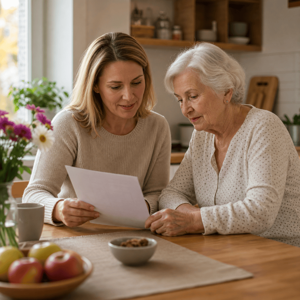 Angehörige und Seniorin besprechen die Auswahl einer passenden Unterstützung