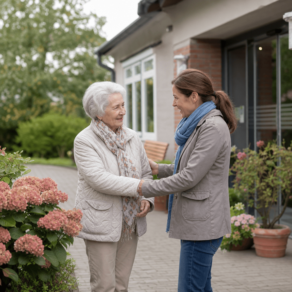 Angehörige begleitet Seniorin zu einer Tagespflegeeinrichtung