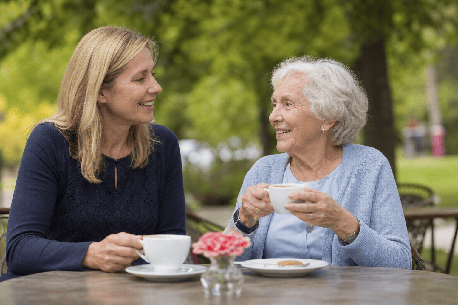 Ältere Person und Angehörige machen eine entspannte Kaffeepause