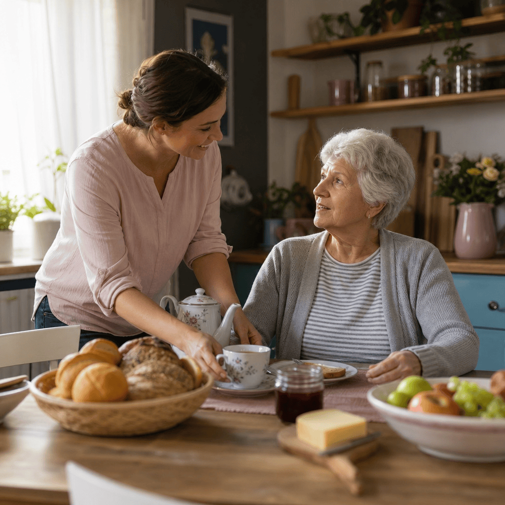 Betreuungsperson unterstützt eine Seniorin beim Frühstück in der eigenen Wohnung.