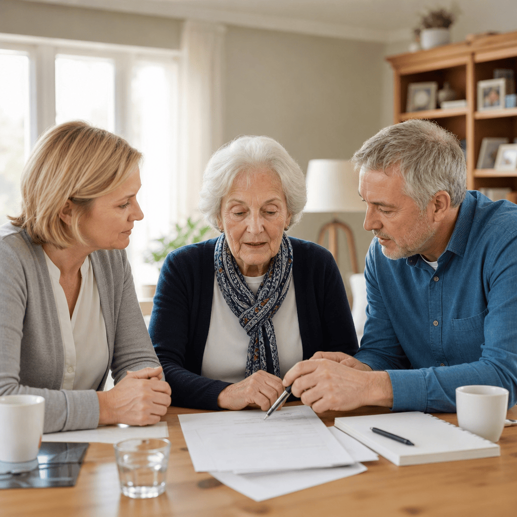 Angehörige und Seniorin besprechen Unterlagen zur Organisation der Tagesbetreuung.