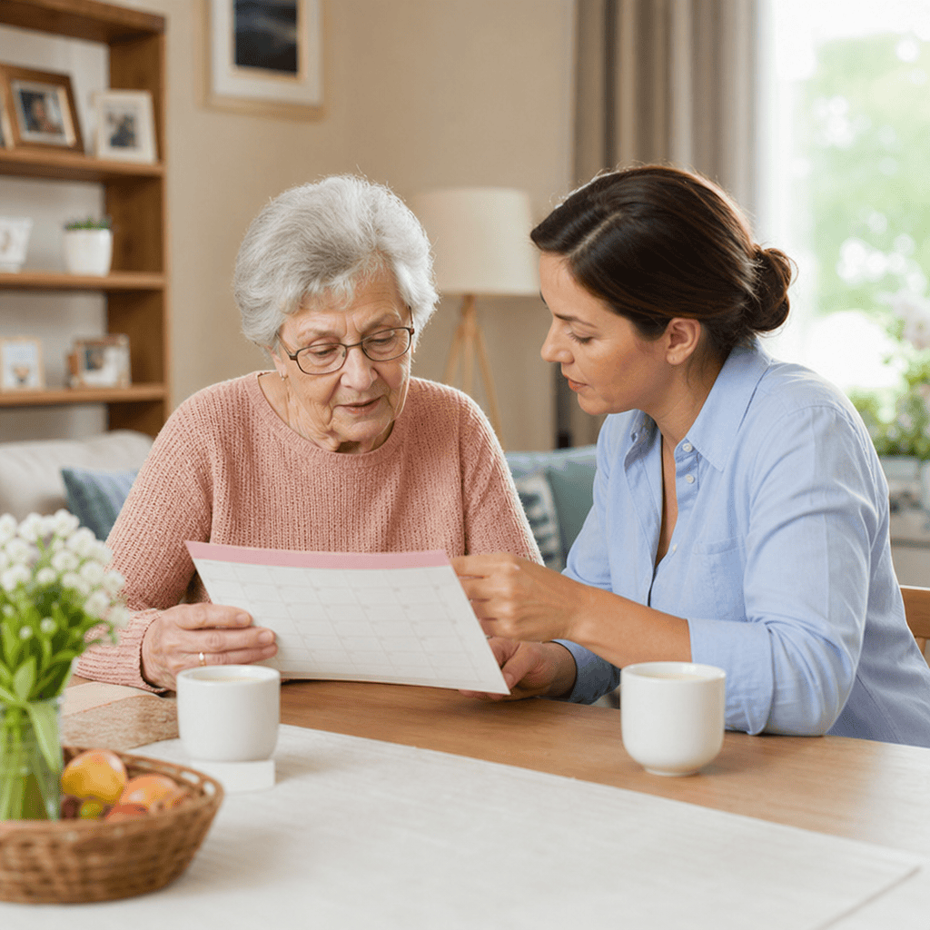 Senior und Betreuungsperson besprechen zu Hause den Ablauf des Tages.