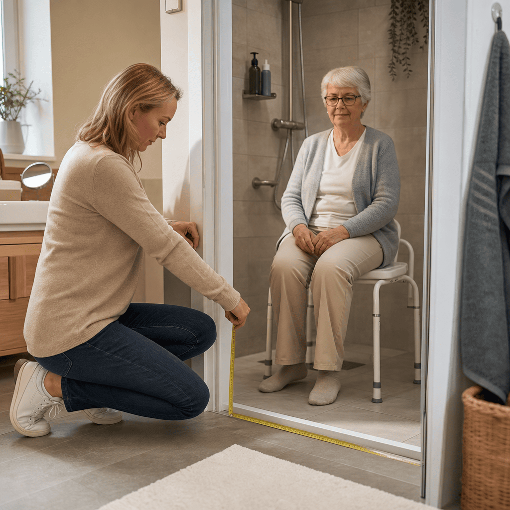 Angehörige prüft Platz und Sicherheit für Hilfsmittel im Badezimmer