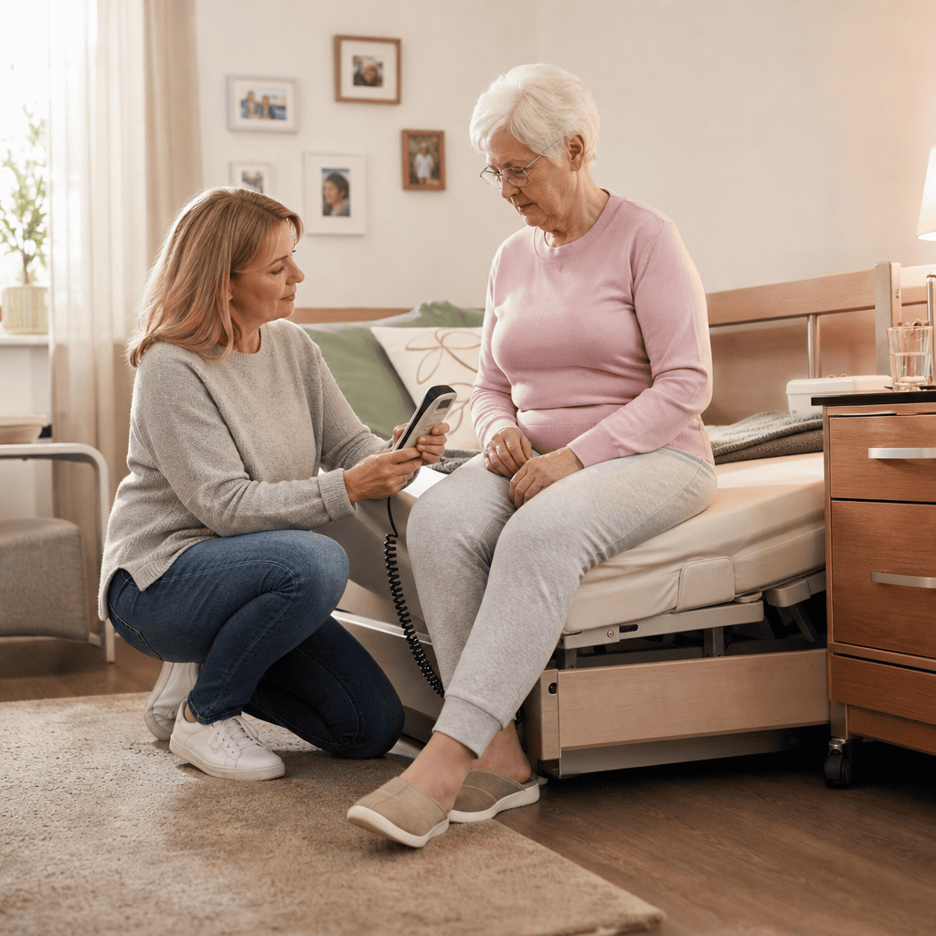 Angehörige erklärt die sichere Nutzung eines Pflegebetts zu Hause