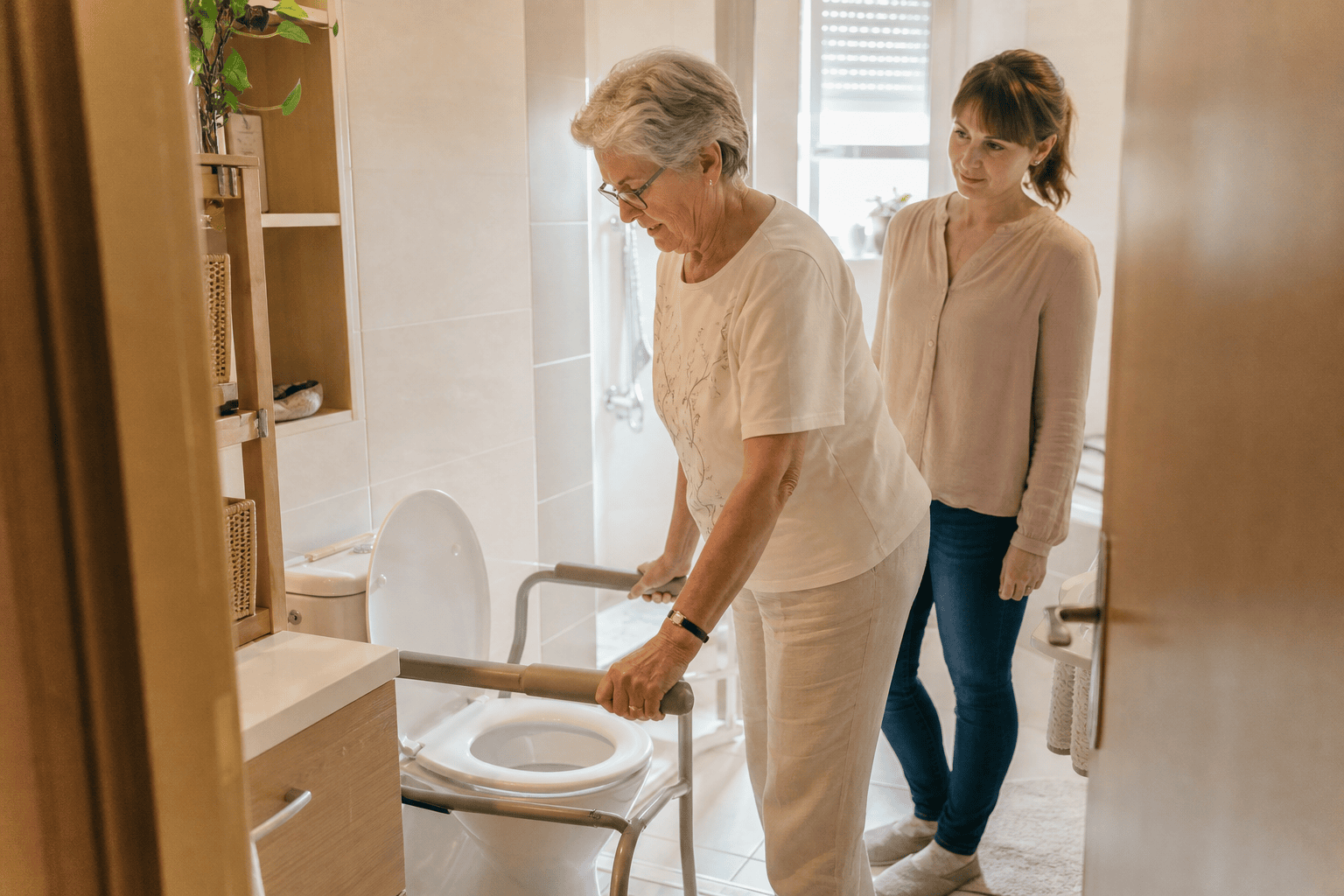 Ältere Person nutzt eine Stützhilfe neben der Toilette im häuslichen Badezimmer.