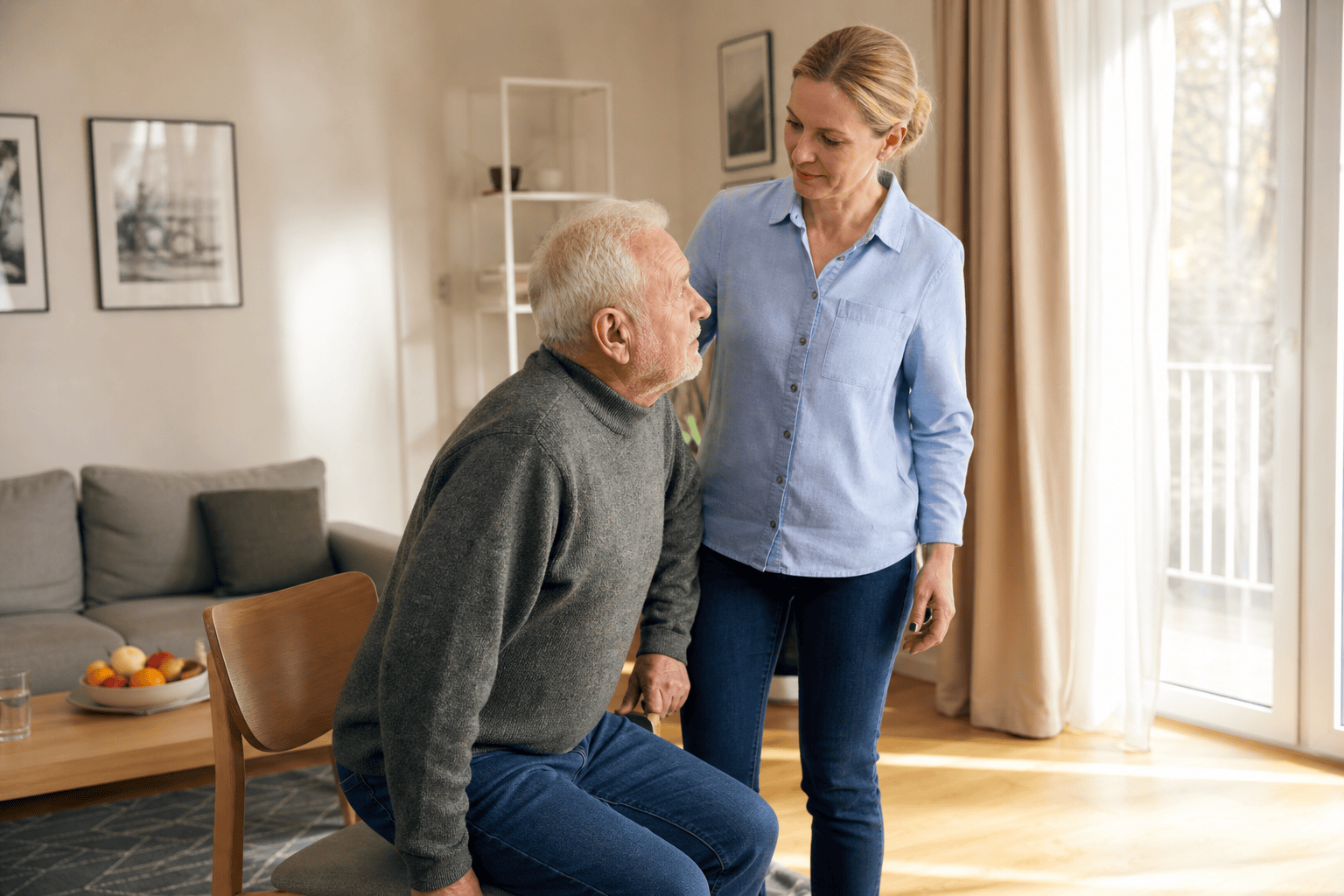 Angehörige und älterer Mann sprechen einen sicheren Positionswechsel ab
