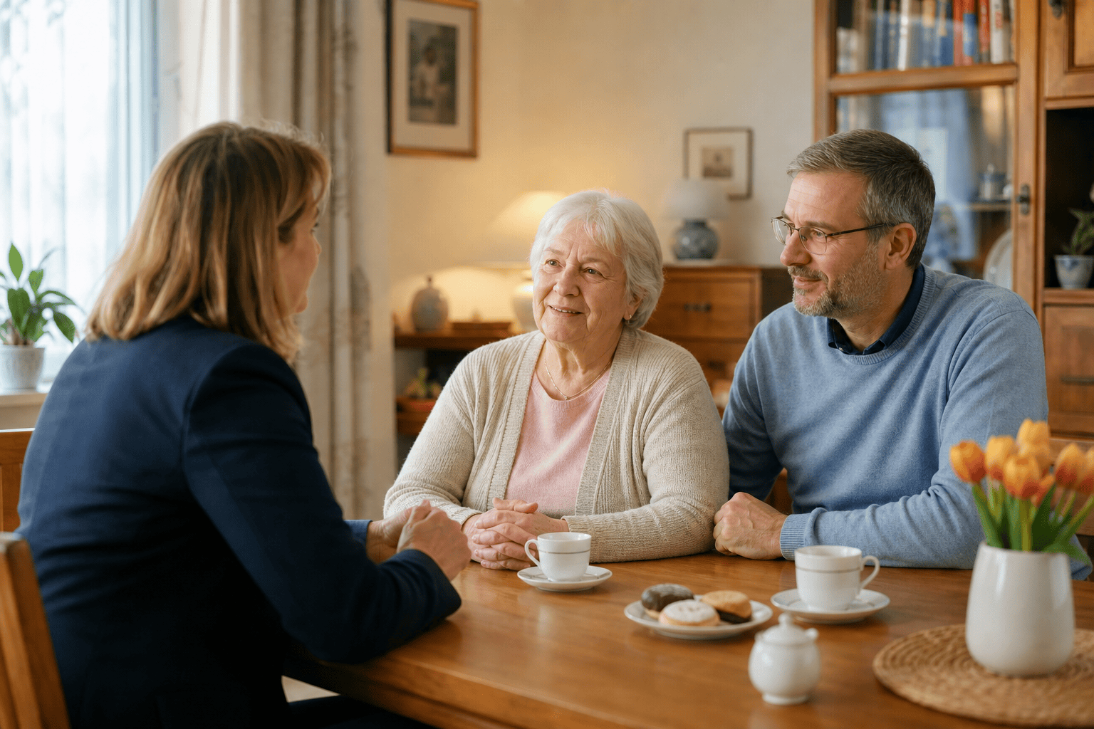 Ältere Person und Angehörige besprechen Unterstützung für den Alltag.