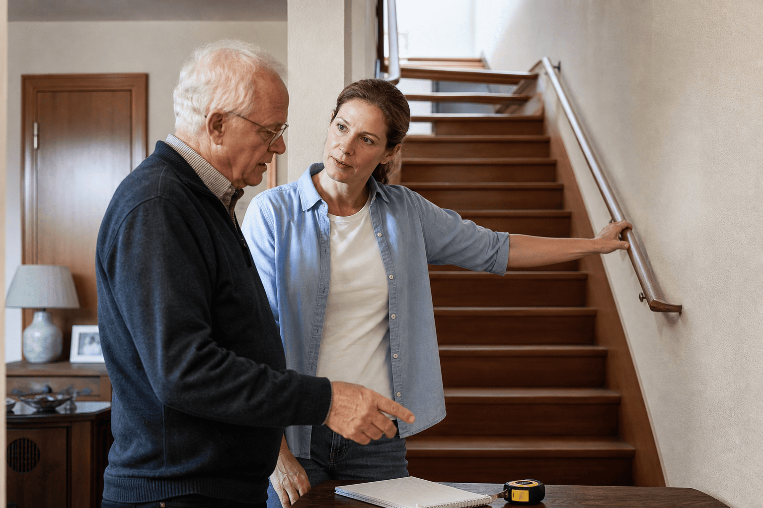 Angehörige und ältere Person bereiten das Aufmaß einer Treppe vor