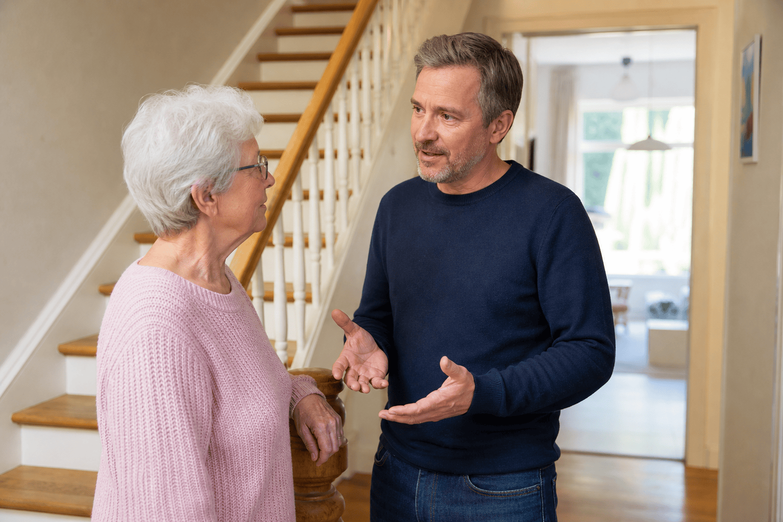 Ältere Person und Angehörige besprechen eine Wohnraumanpassung