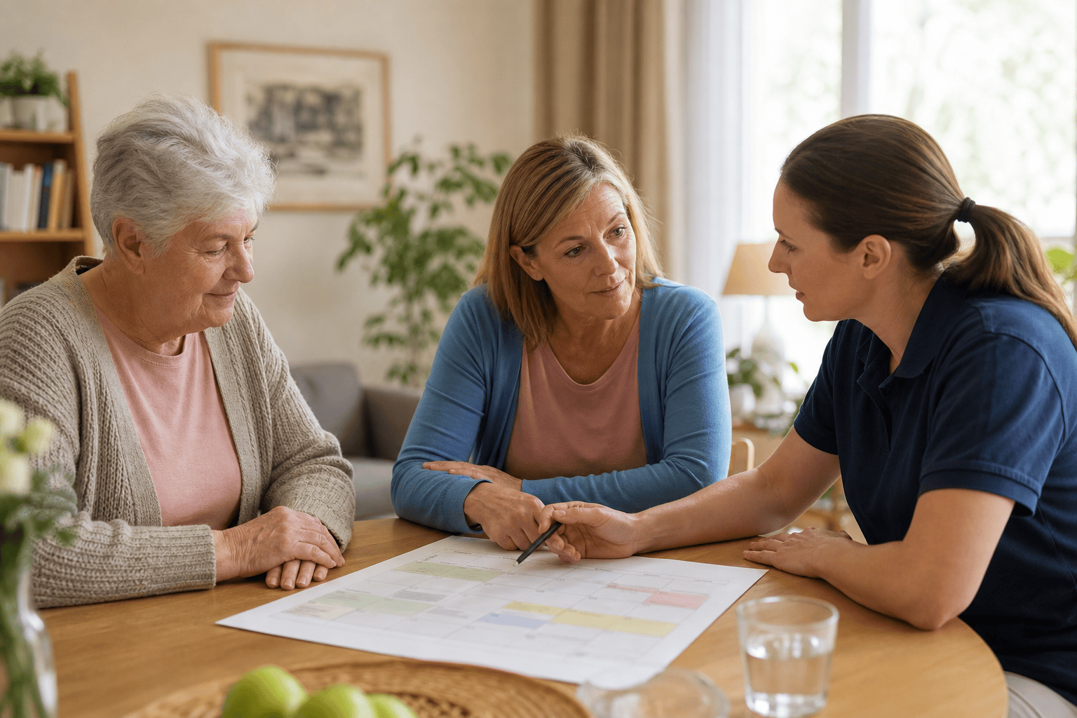 Angehörige, ältere Person und Betreuungskraft besprechen gemeinsam den Alltag