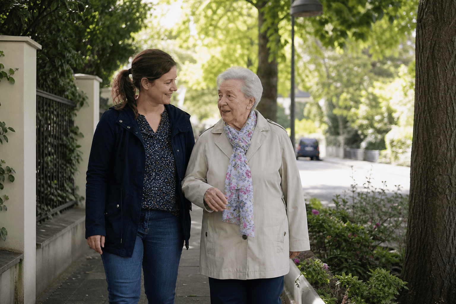 Betreuungskraft begleitet eine ältere Person bei einem Spaziergang
