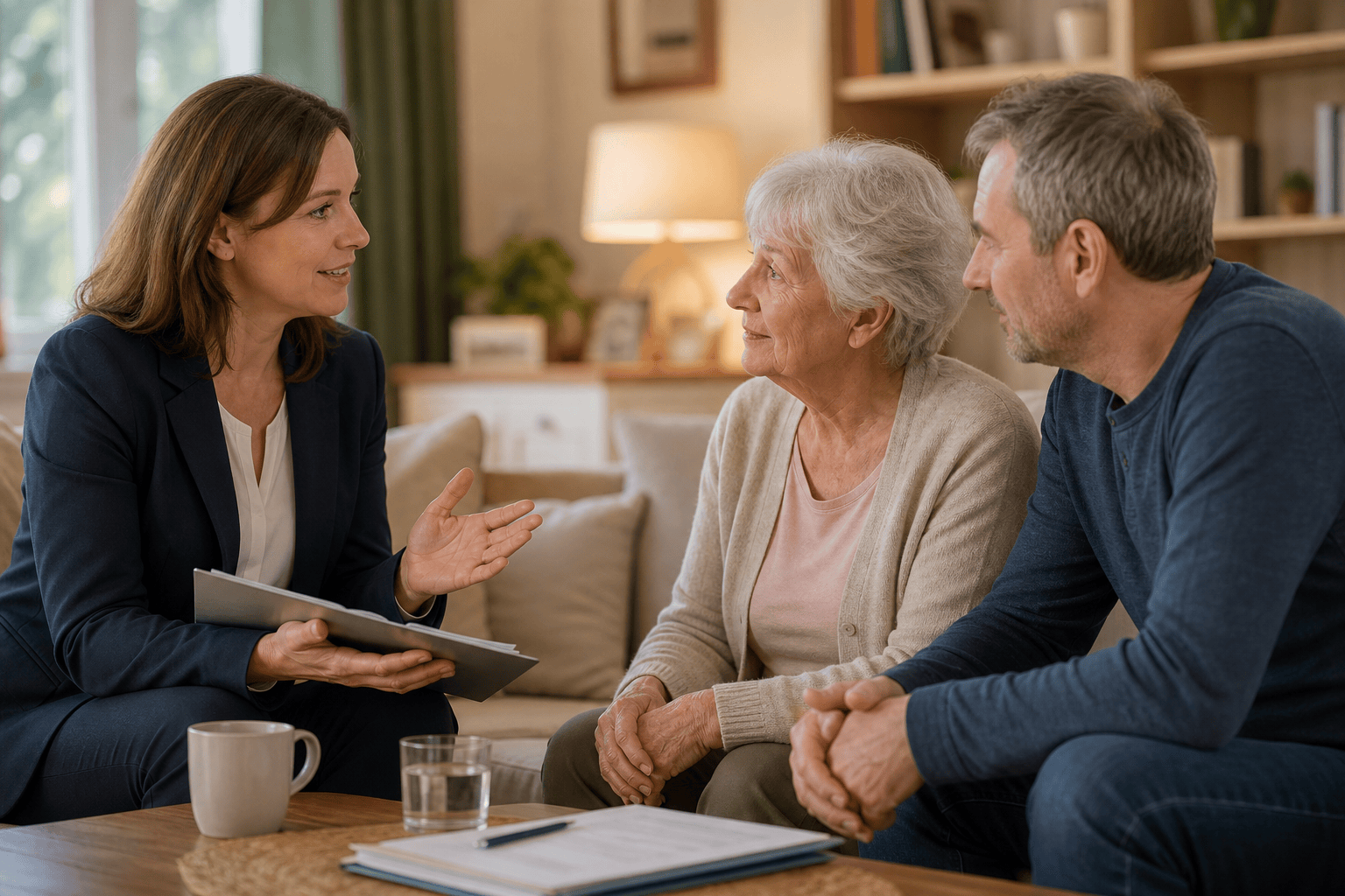 Angehörige und ältere Person in einer persönlichen Beratung zur Betreuung zu Hause