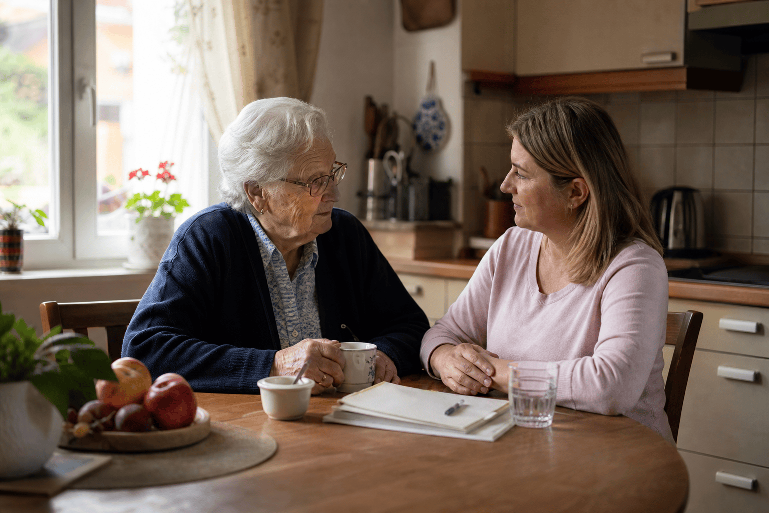 Ältere Person und Angehöriger besprechen Unterstützung zu Hause.