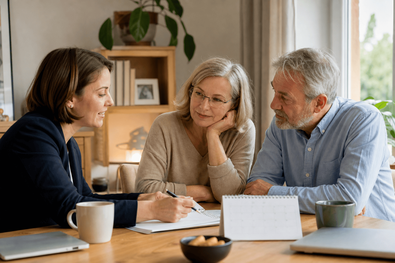 Angehörige besprechen mit einer Beraterin die Organisation einer Betreuung während einer Auszeit.