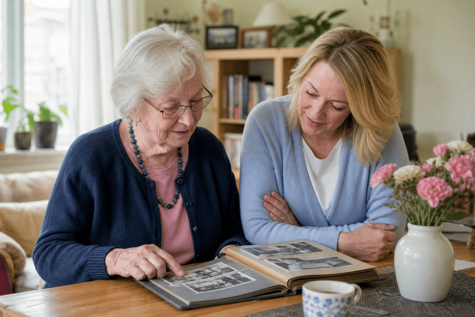 Ältere Frau und Angehörige betrachten gemeinsam ein Fotoalbum.