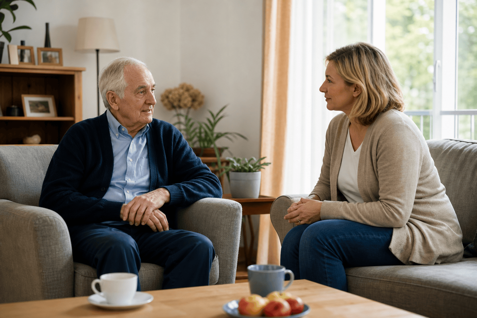 Älterer Mann und Angehörige führen zu Hause ein ruhiges Gespräch.